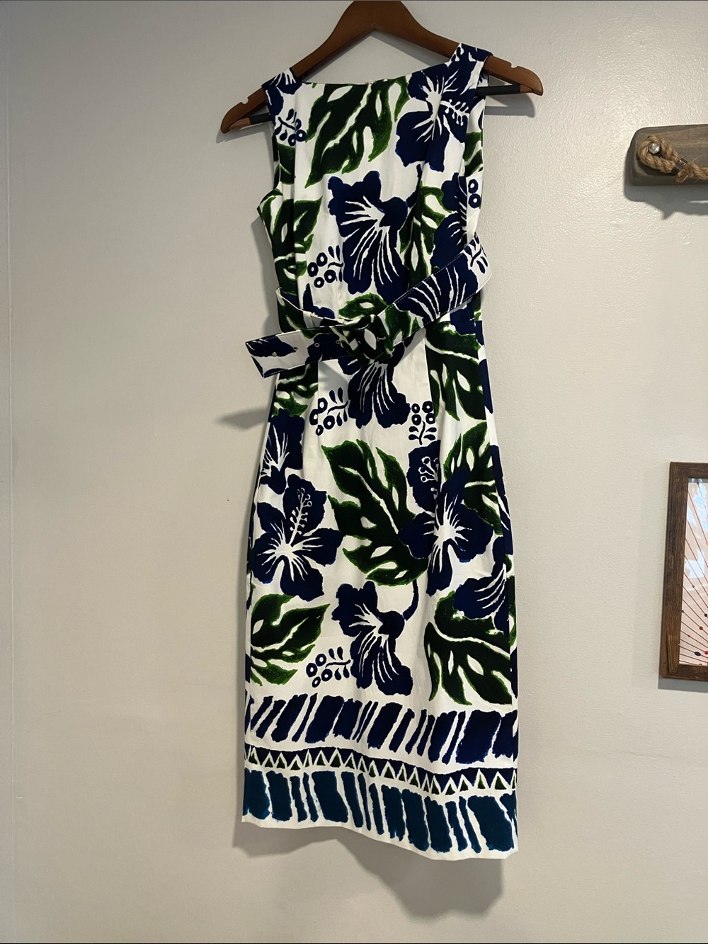 SAMANTHA SUNG White Midi Dress with Navy & Green Floral Print Size 2